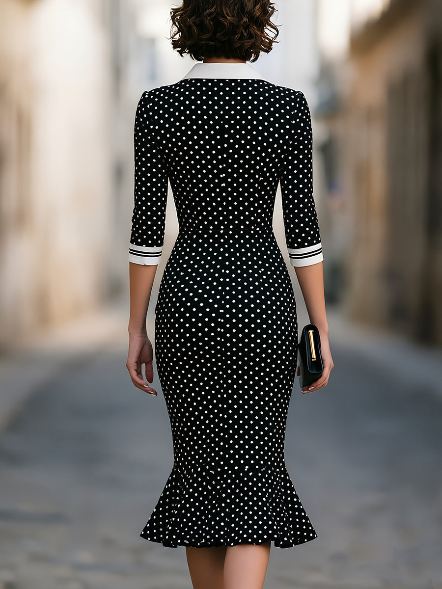 Polka Dot Midi Mermaid Dress with Lapel Collar