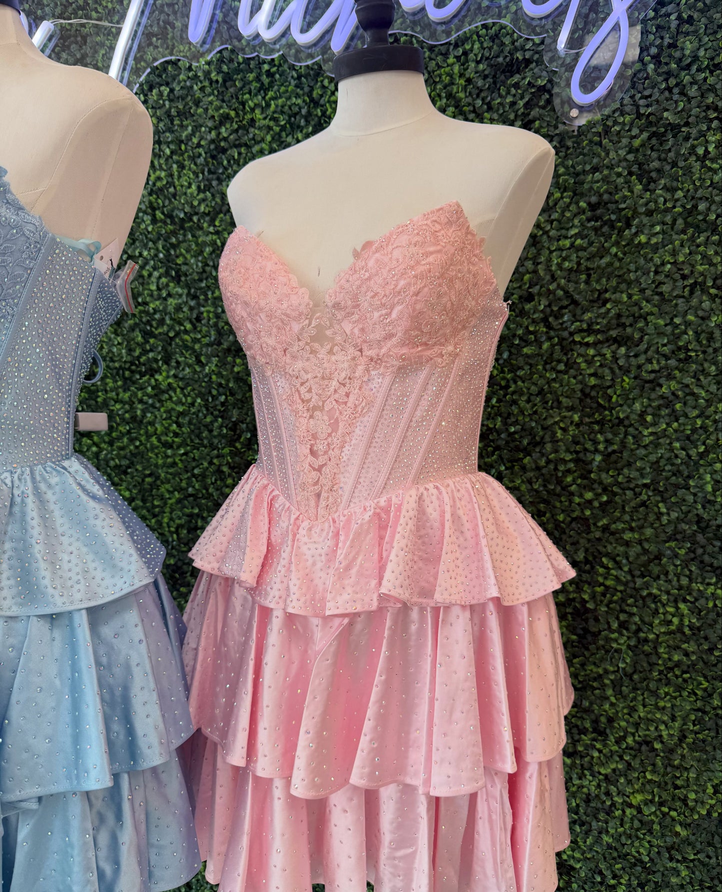 Corset Tiered Ruffle Mini Dress with Lace Bodice