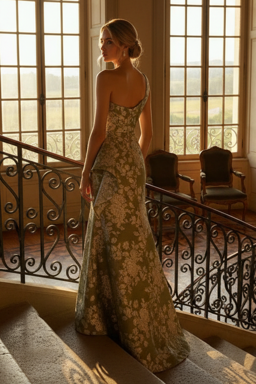 One-Shoulder Floral Jacquard Gown with Side Draping