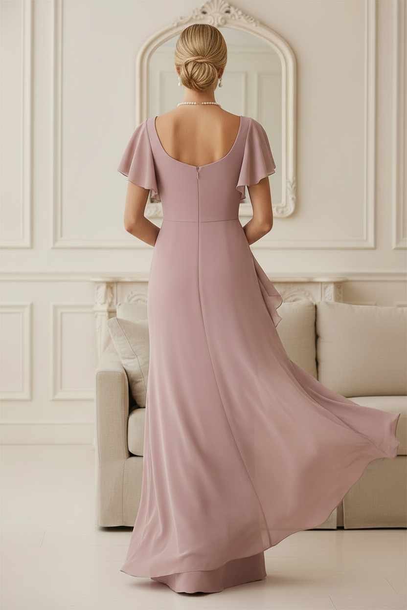 Flutter Sleeve Mermaid Evening Gown with Beaded Trim