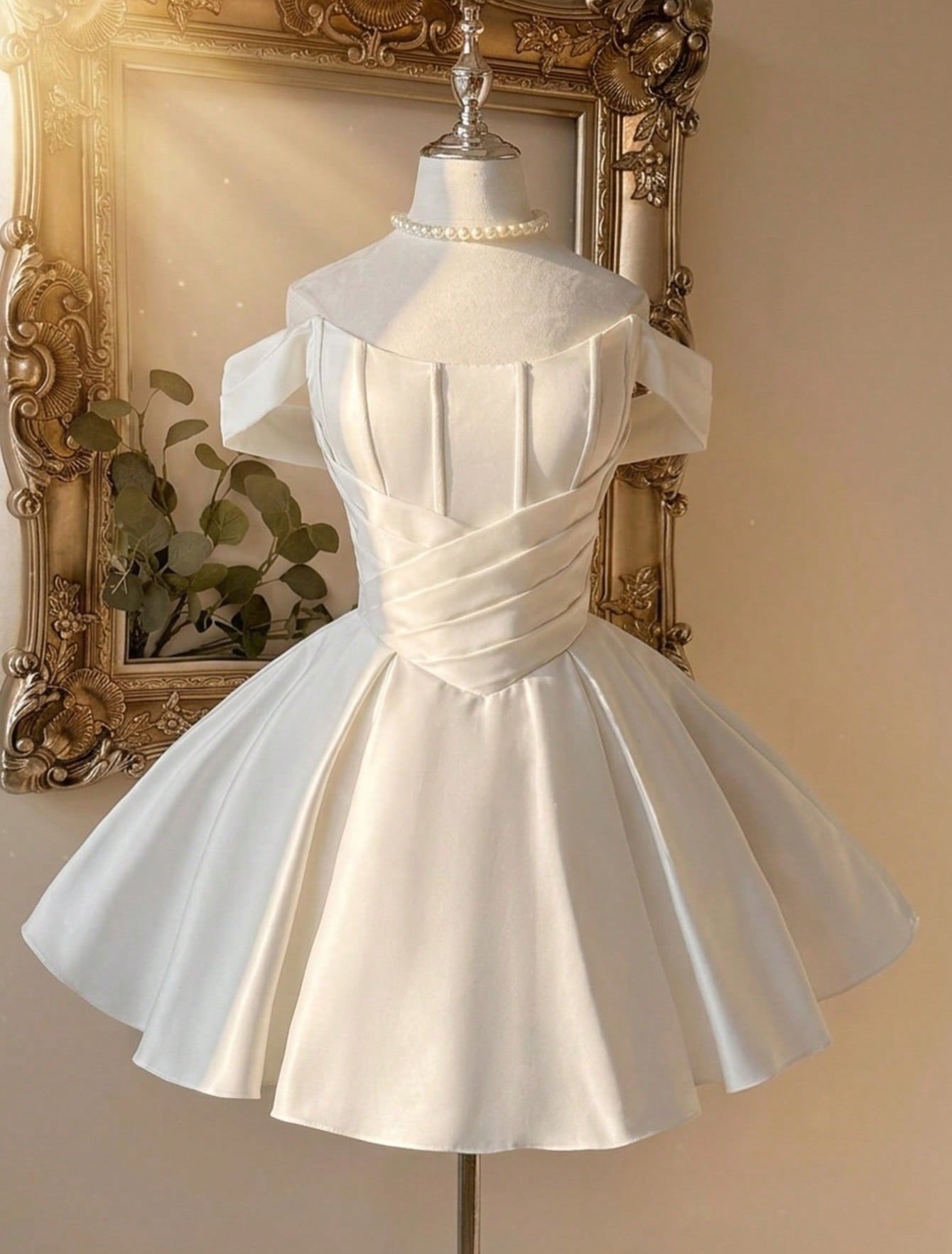 Off-the-Shoulder Pleated Satin Homecoming Dress