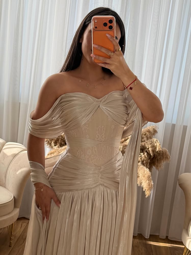 Off-the-Shoulder Pleated Corset Evening Gown