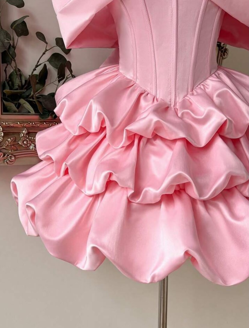 Off-Shoulder Satin Mini Ball Gown with Bows