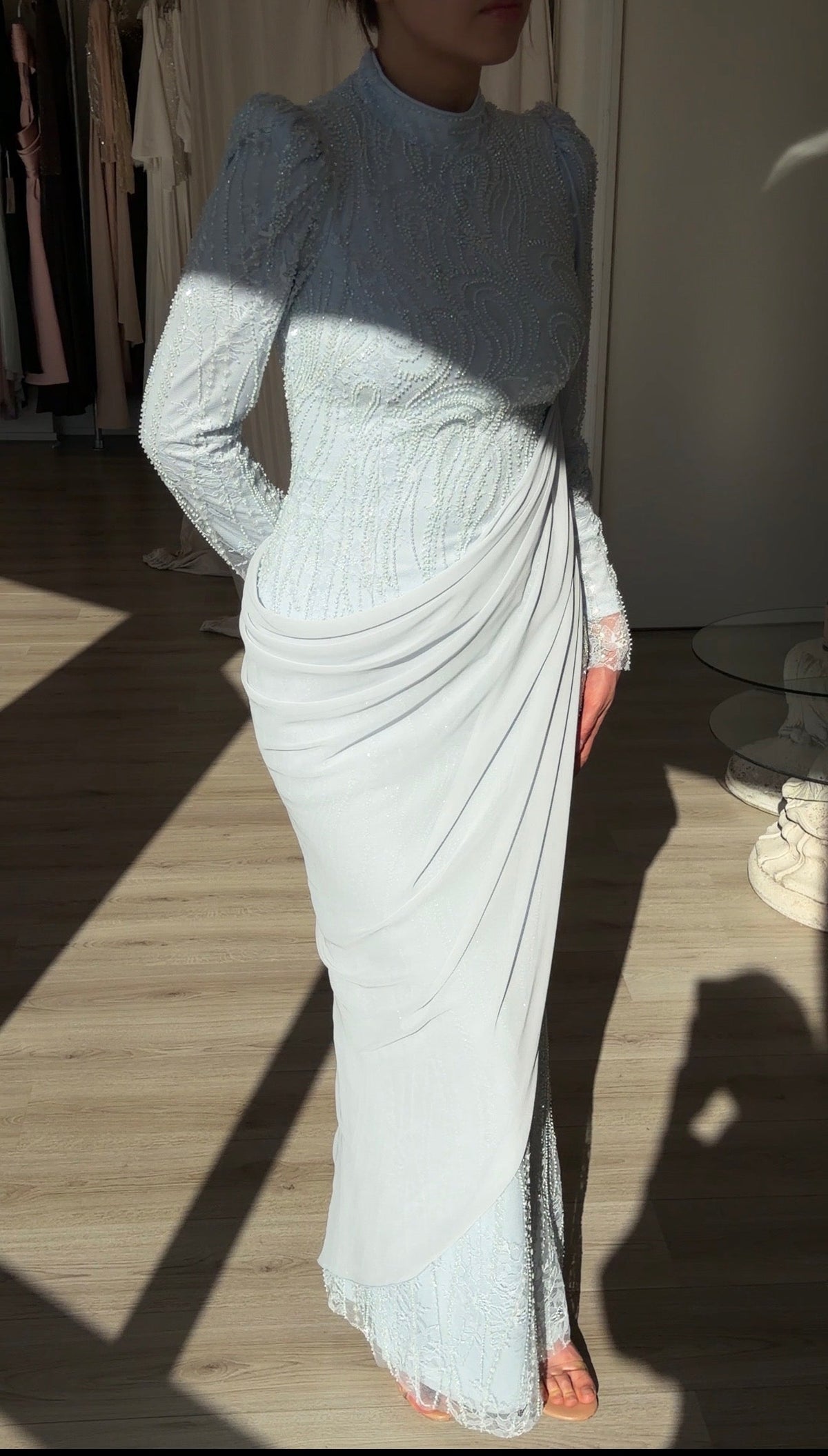 Embellished Long Sleeve Gown with Draped Overlay
