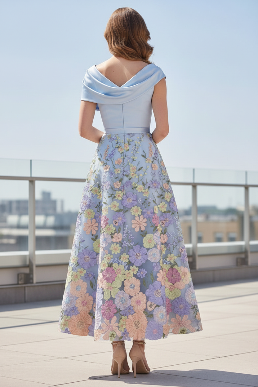 Elegant Light Blue Draped Bodice A-Line Tea-Length Mother of the Bride Dress with Floral Appliqué Skirt