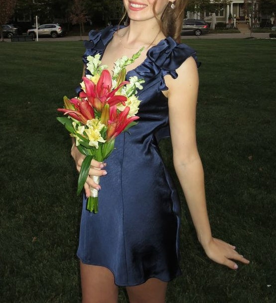 Satin V-Neck Mini Dress with Ruffle Straps