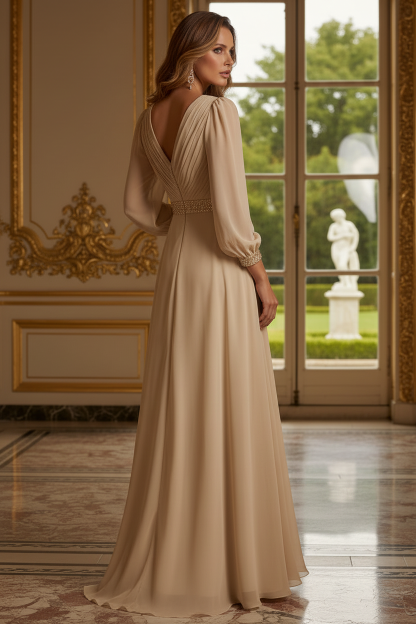 Deep V-Neck Pleated Evening Gown with Beaded Trim