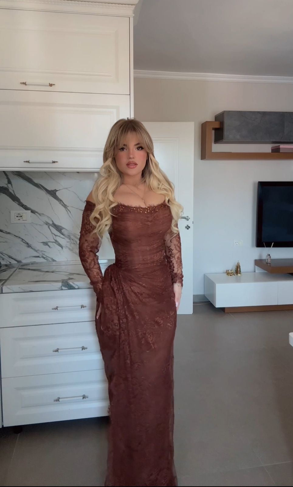 Off-Shoulder Long Sleeve Lace Evening Gown