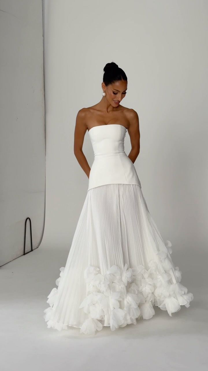 Strapless Pleated Gown with 3D Floral Hem