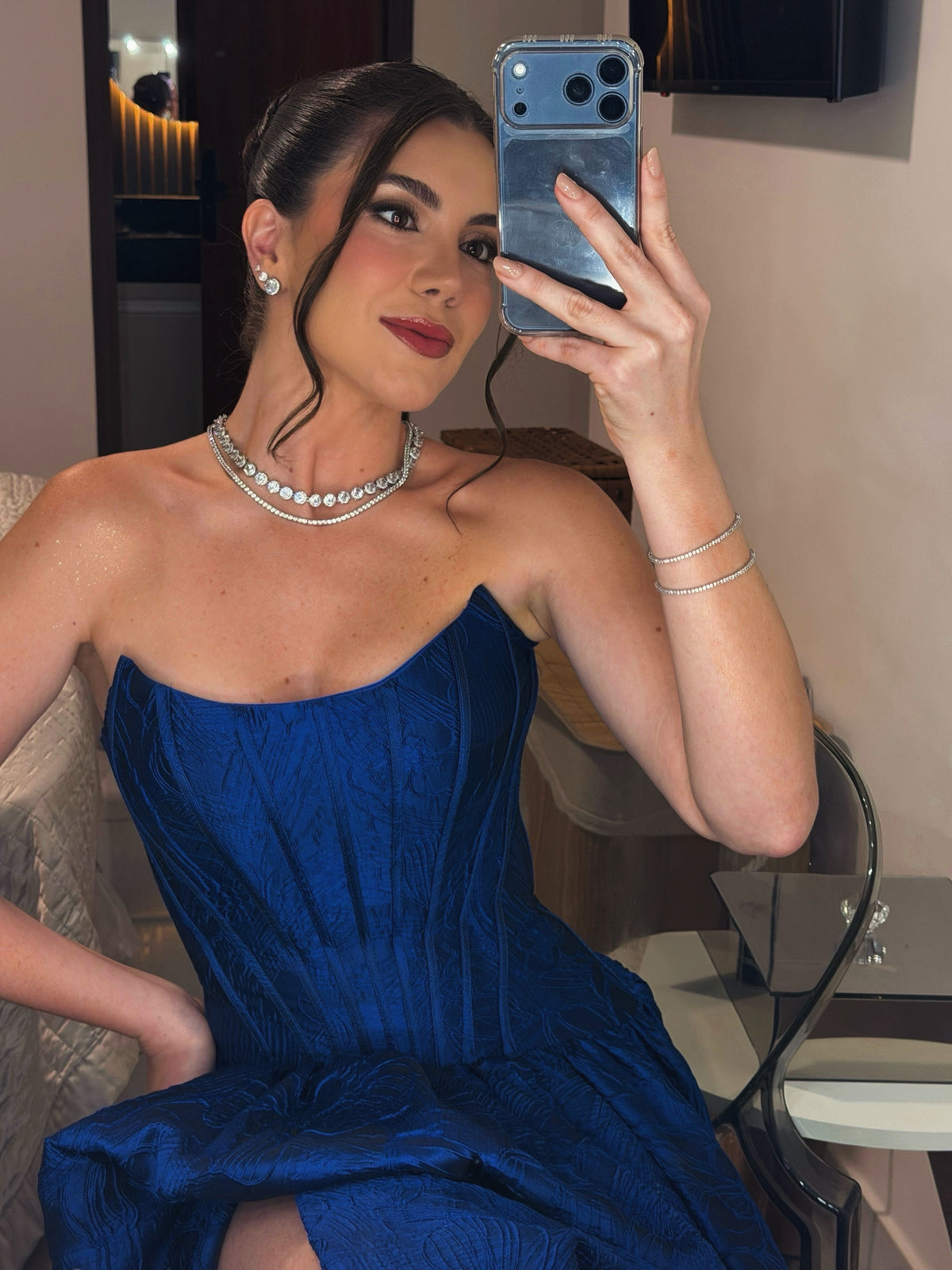Strapless Corset Jacquard Ball Gown with Slit