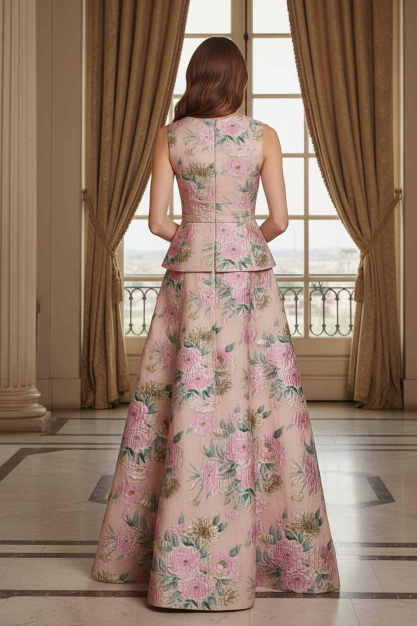One Shoulder Floral Jacquard Peplum Gown