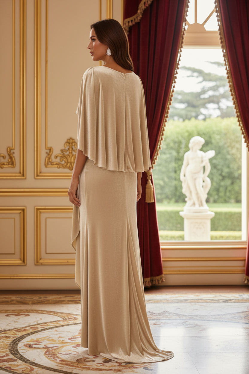 Draped Velvet Evening Dress with Cape Sleeves