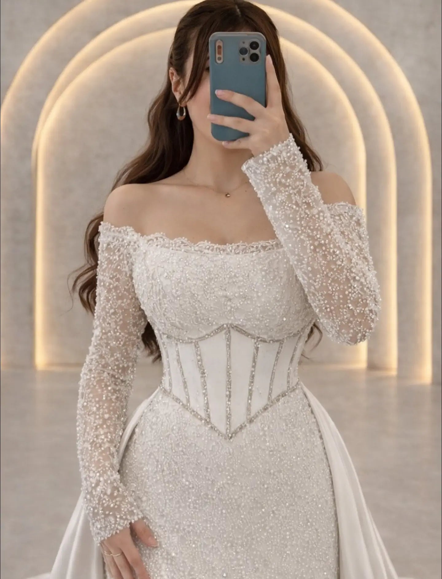 Beaded Off-the-Shoulder Gown with Corset Waist