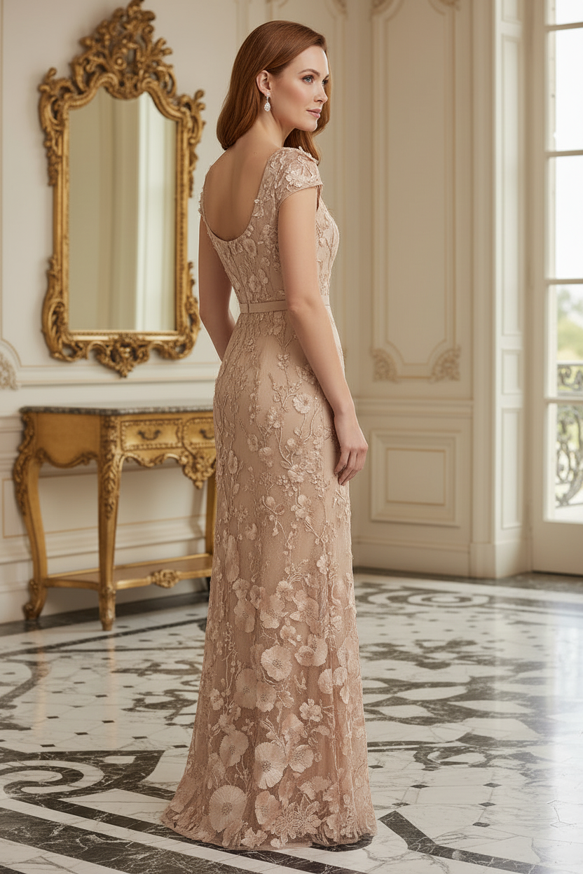 3D Floral Appliqué Sheath Evening Gown with High Slit