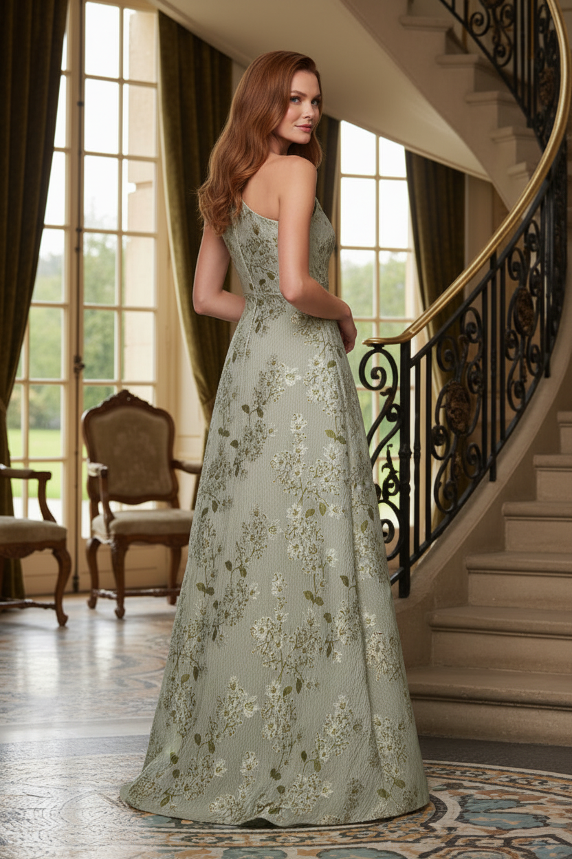 One Shoulder Floral Jacquard A-Line Evening Gown
