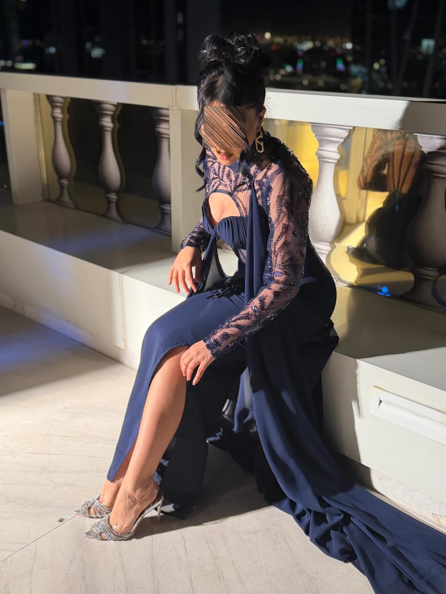 High-Neck Corset Evening Gown with Side Cape and Slit