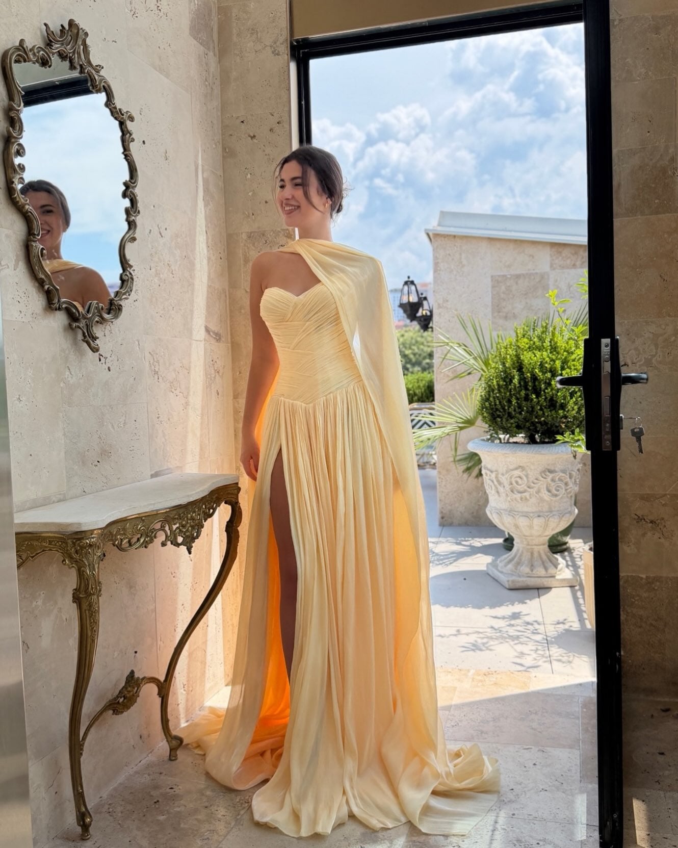 Strapless Sweetheart Cape Gown with High Slit