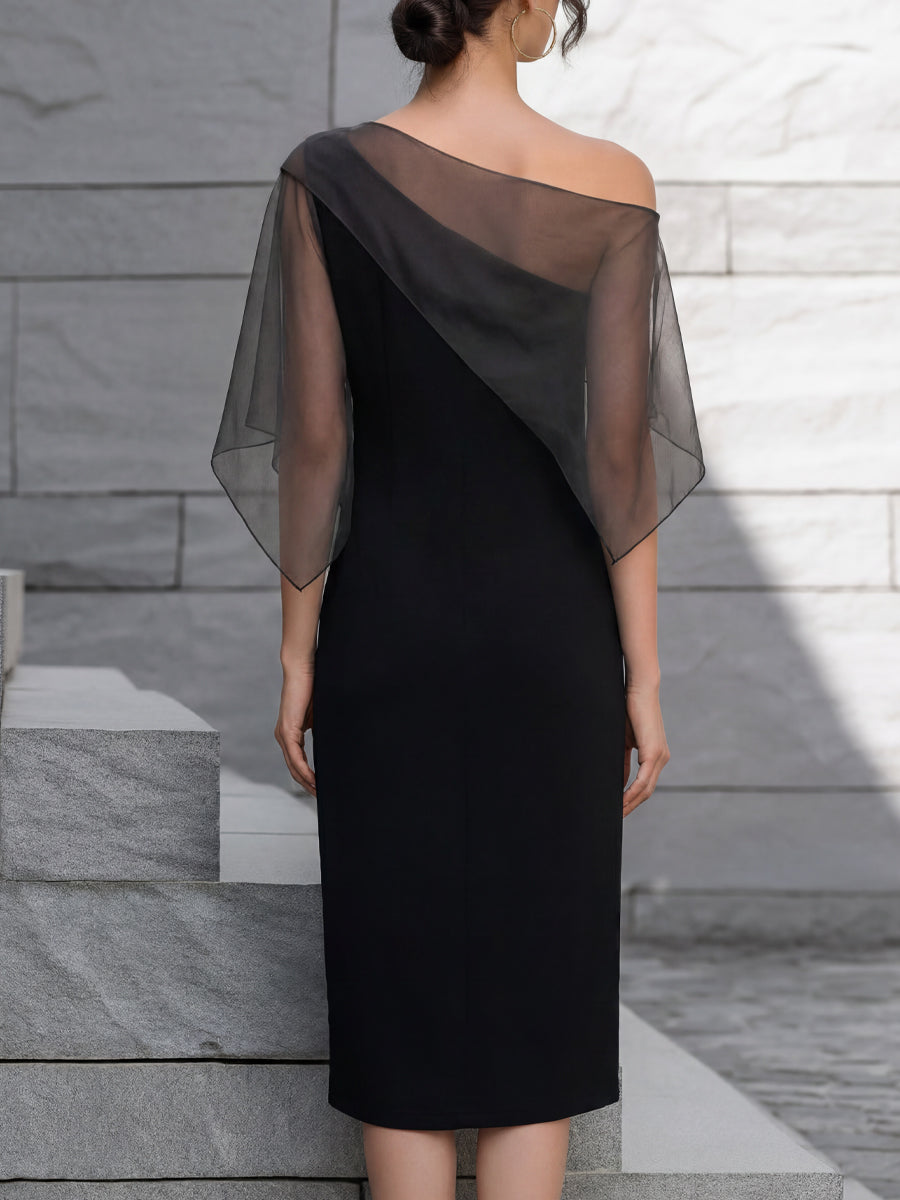 Asymmetrical Sheer Overlay Midi Sheath Dress