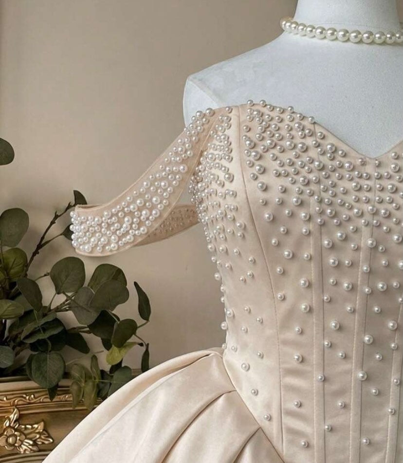 Pearl Embellished Corset Satin Mini Ball Gown