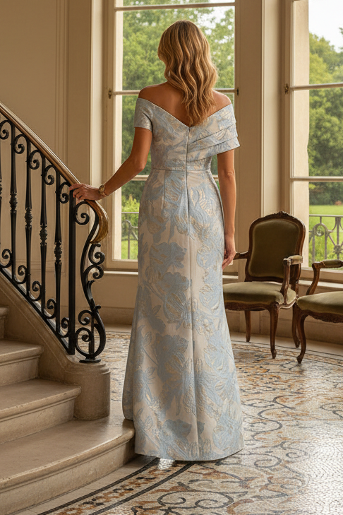 Asymmetric Off-the-Shoulder Metallic Jacquard Gown