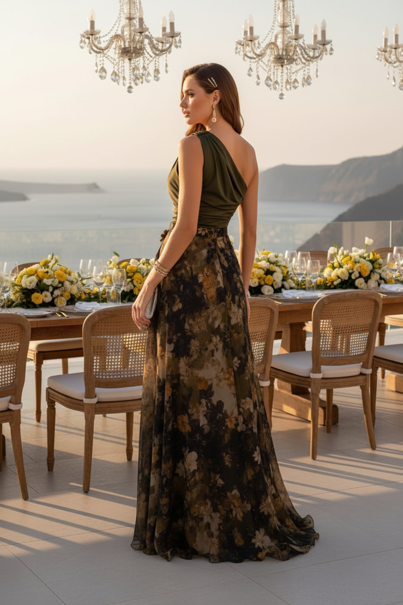 One-Shoulder Ruched Floral Slit Evening Gown