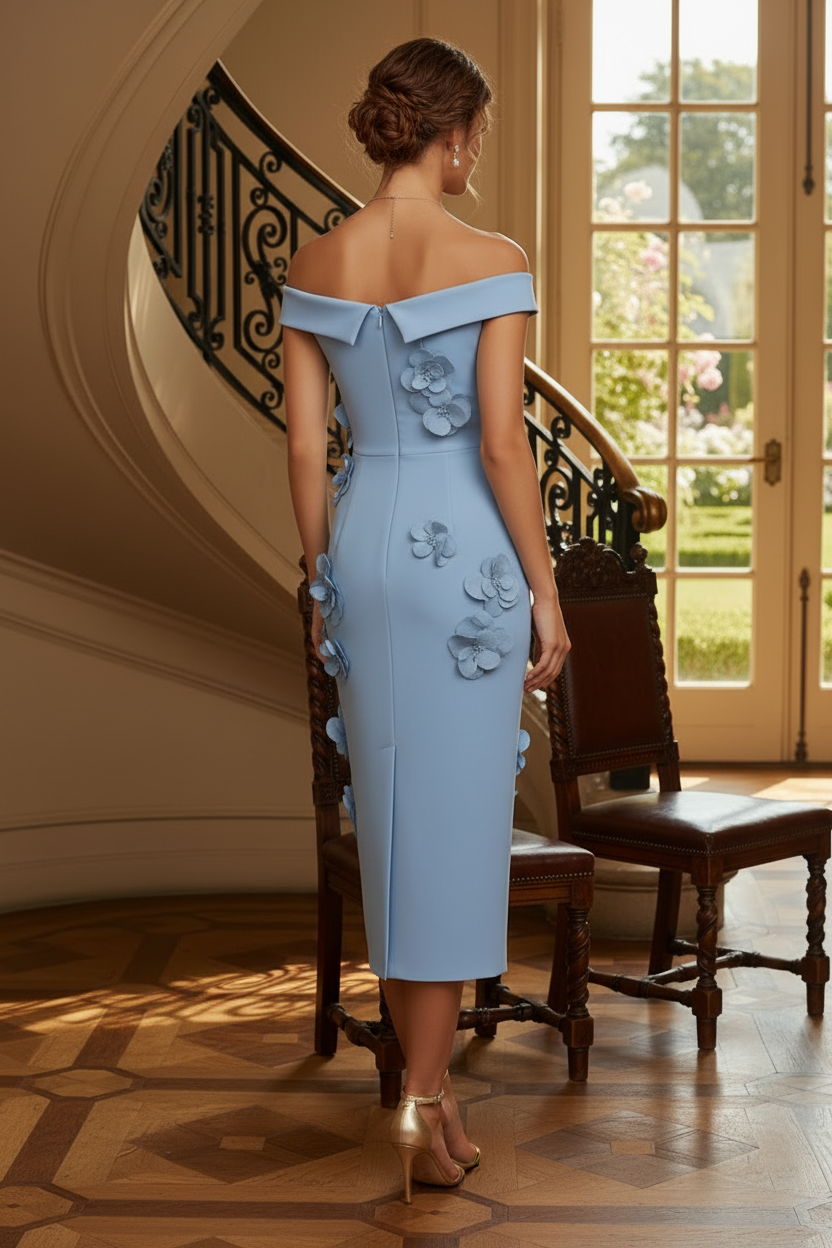 Off-the-Shoulder 3D Floral Midi Sheath Dress