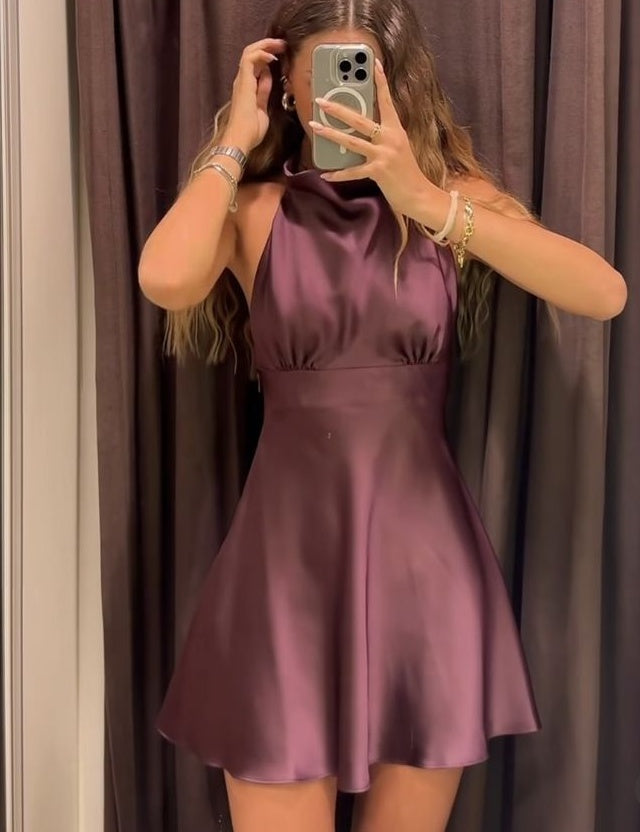 Sleeveless Satin Halter Neck Mini Dress