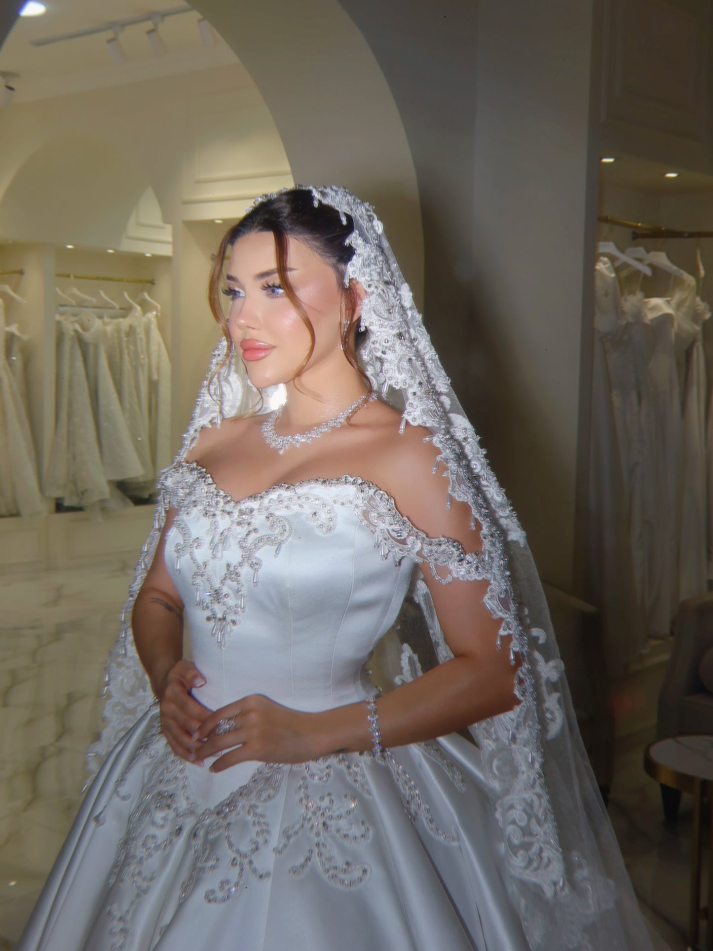 Beaded Lace Off-the-Shoulder Satin Ball Gown