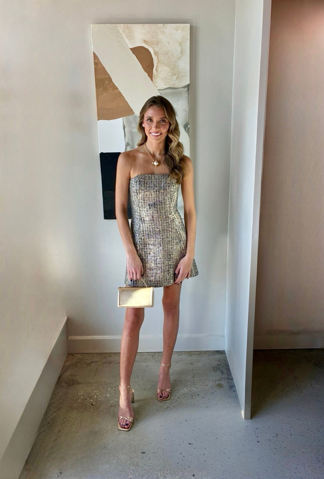 Strapless Metallic Jacquard Mini Dress