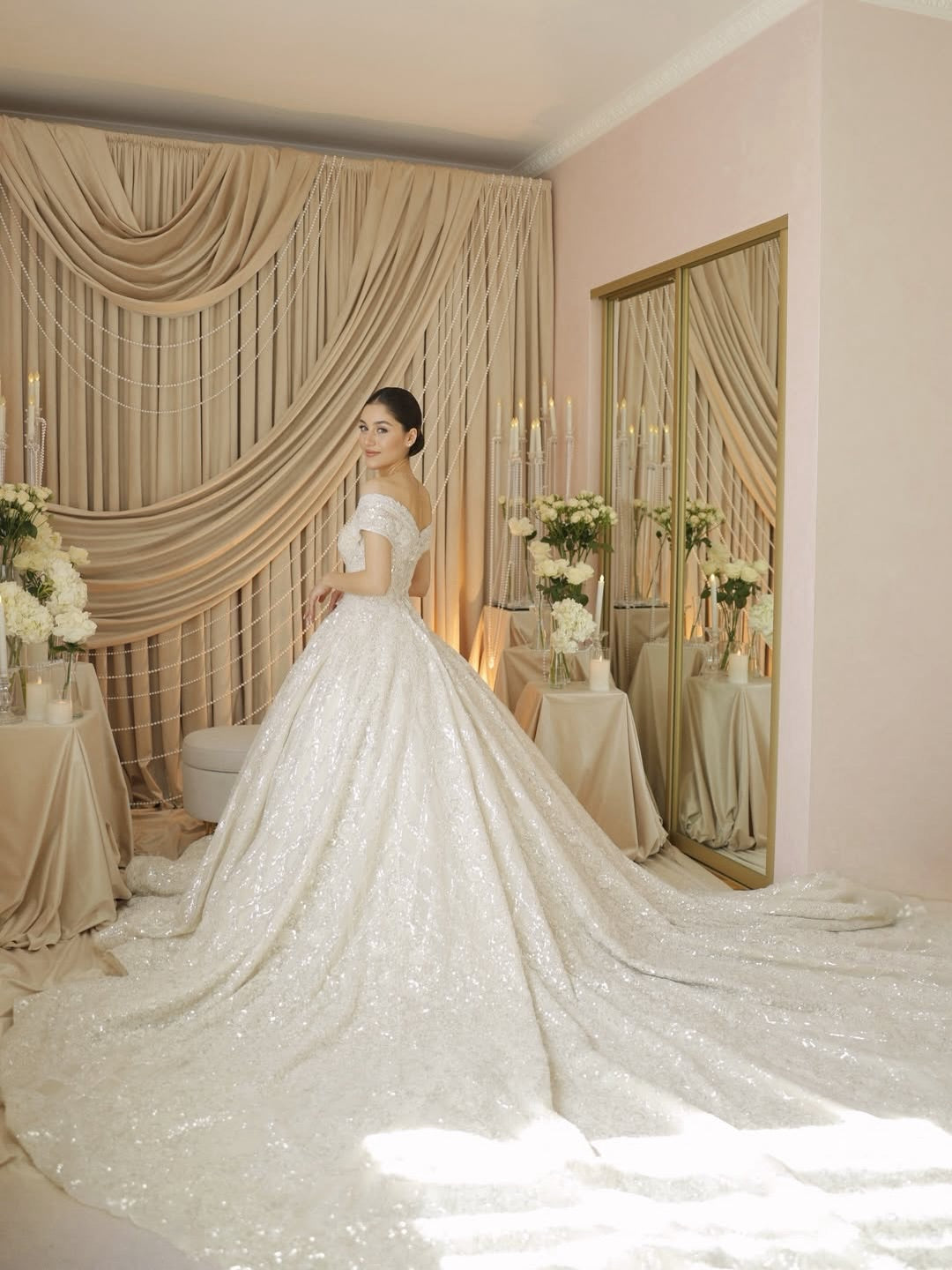 Off-the-Shoulder Sparkly Ball Gown Wedding Dress