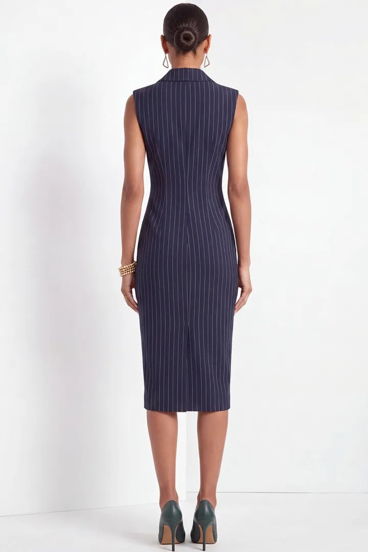 Pinstripe Double-Breasted Sleeveless Midi Dress