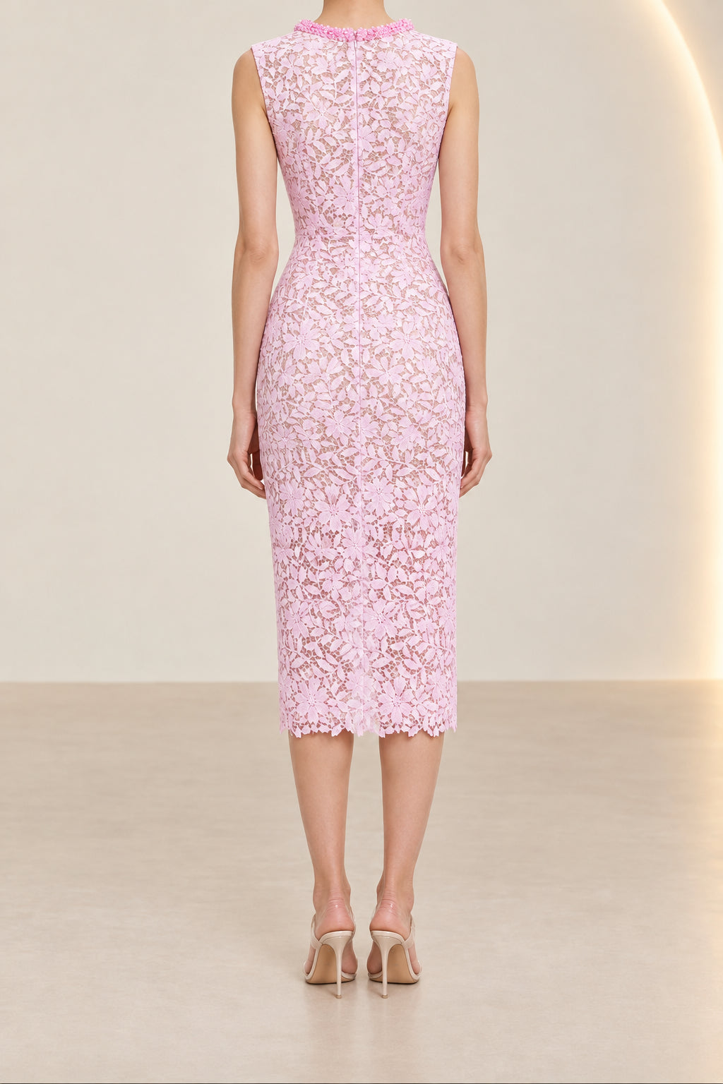 Floral Lace Sheath Midi Dress with Beaded Neckline
