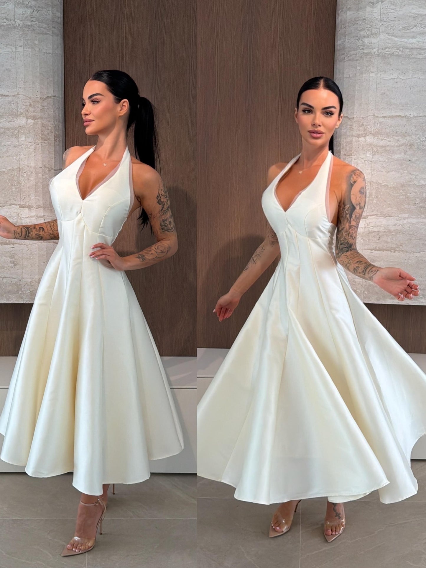 Halter V-Neck Satin A-Line Midi Dress