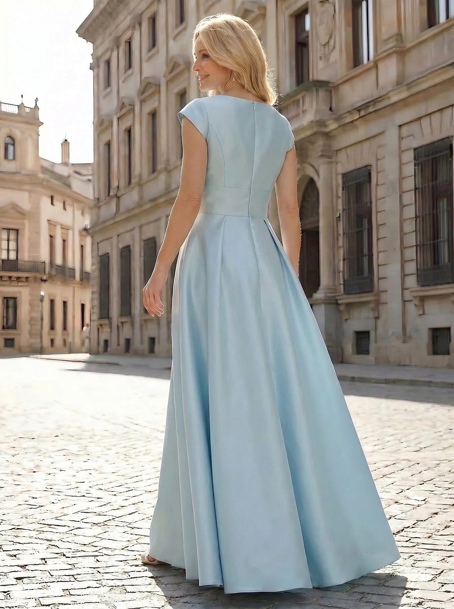 Elegant A-Line Satin Evening Gown with Cap Sleeves