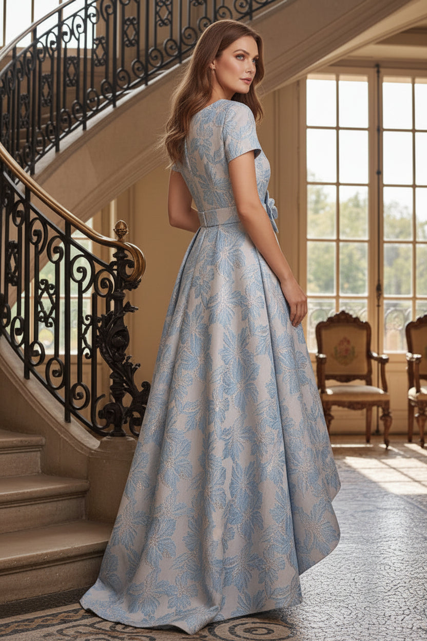 High-Low Jacquard Gown with Floral Pattern & Flower Detail