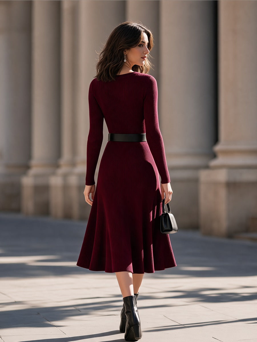 Ribbed Knit Long Sleeve Midi Dress
