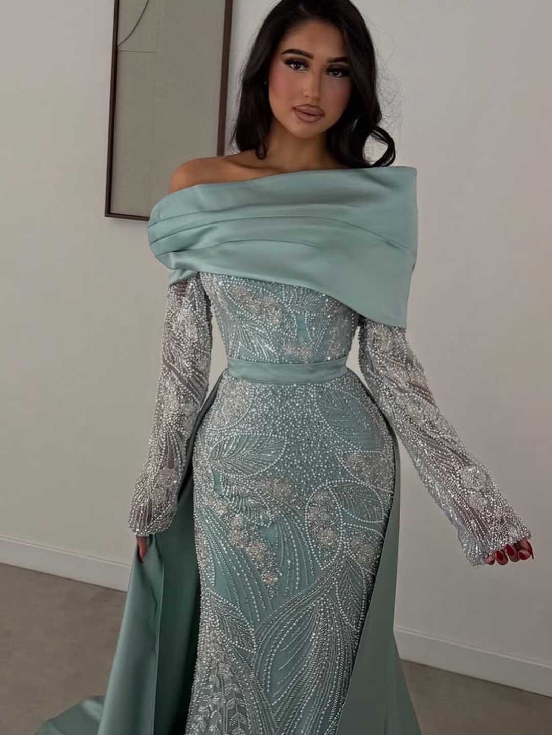 Off-the-Shoulder Long Sleeve Gown with Overskirt