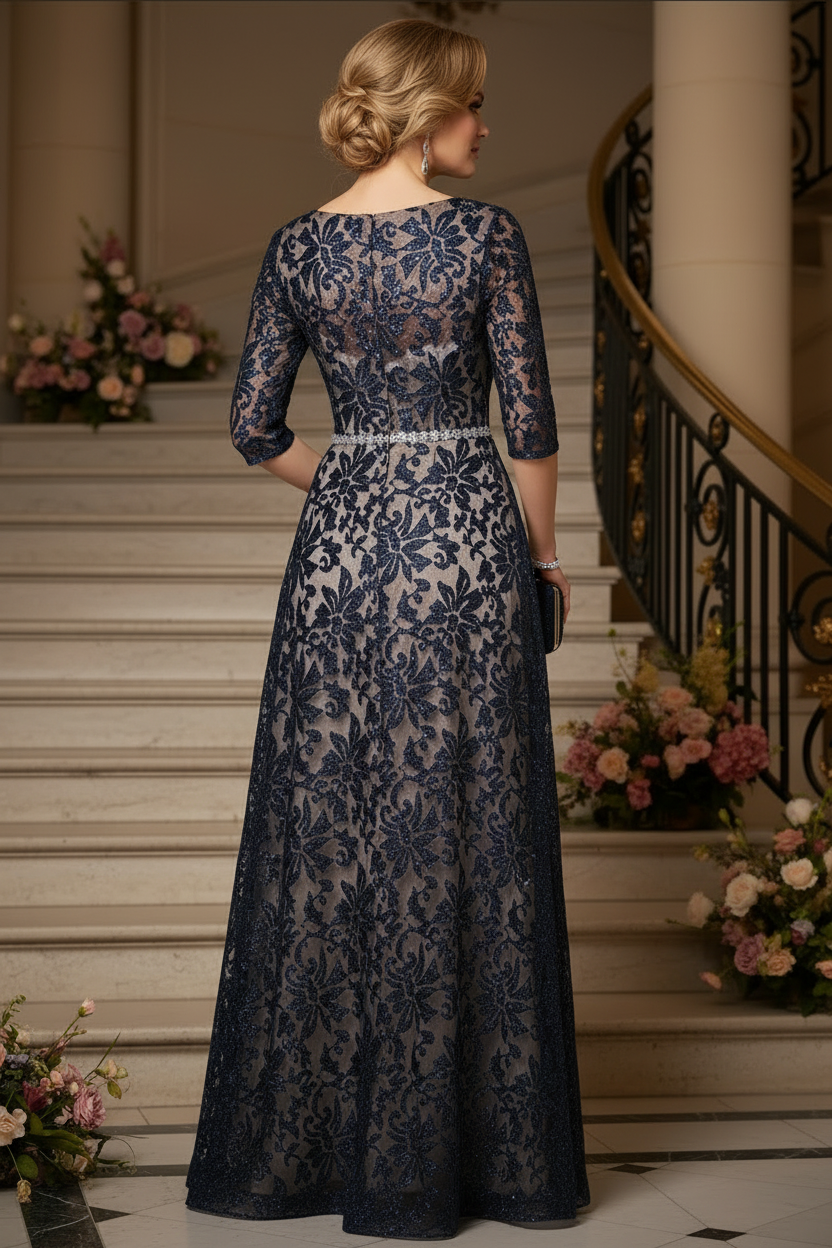 3/4 Sleeve A-Line Lace Evening Gown with Beaded Belt