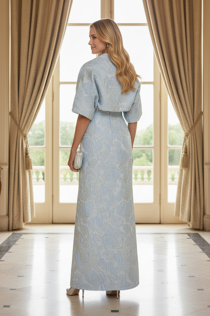Strapless Jacquard Column Gown with Matching Cropped Shrug