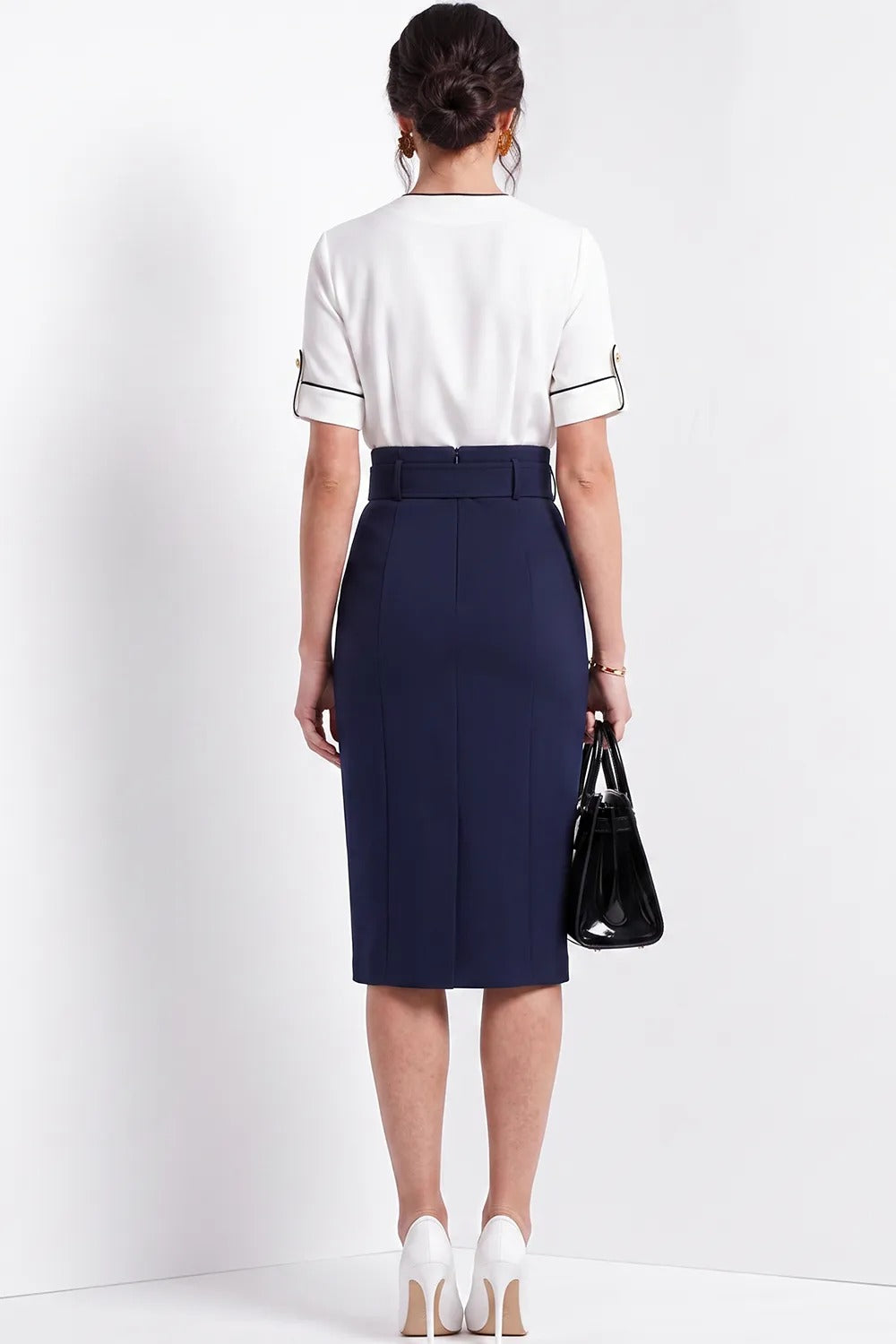 Short Sleeve Belted Midi Sheath Dress with Buttons