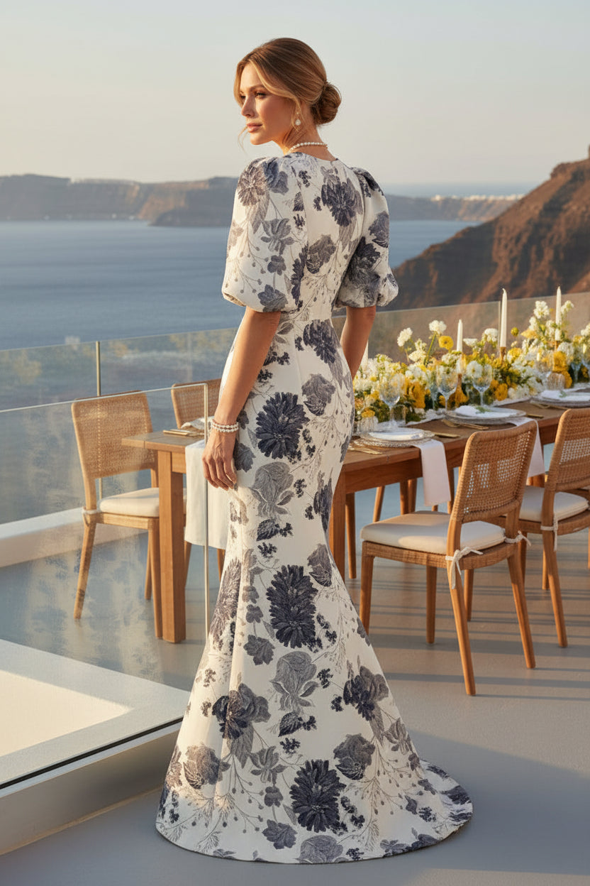 Floral Jacquard Puff Sleeve Mermaid Gown