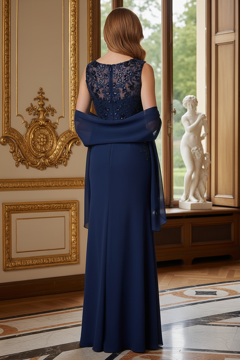Floral Beaded Illusion Gown with Matching Shawl
