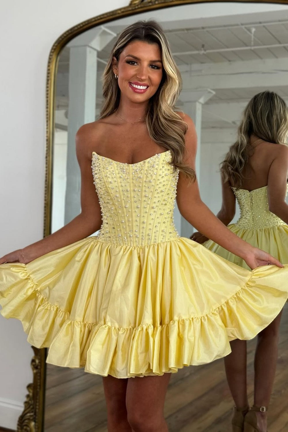 Pearl-Embellished Strapless Corset Bubble Mini Dress