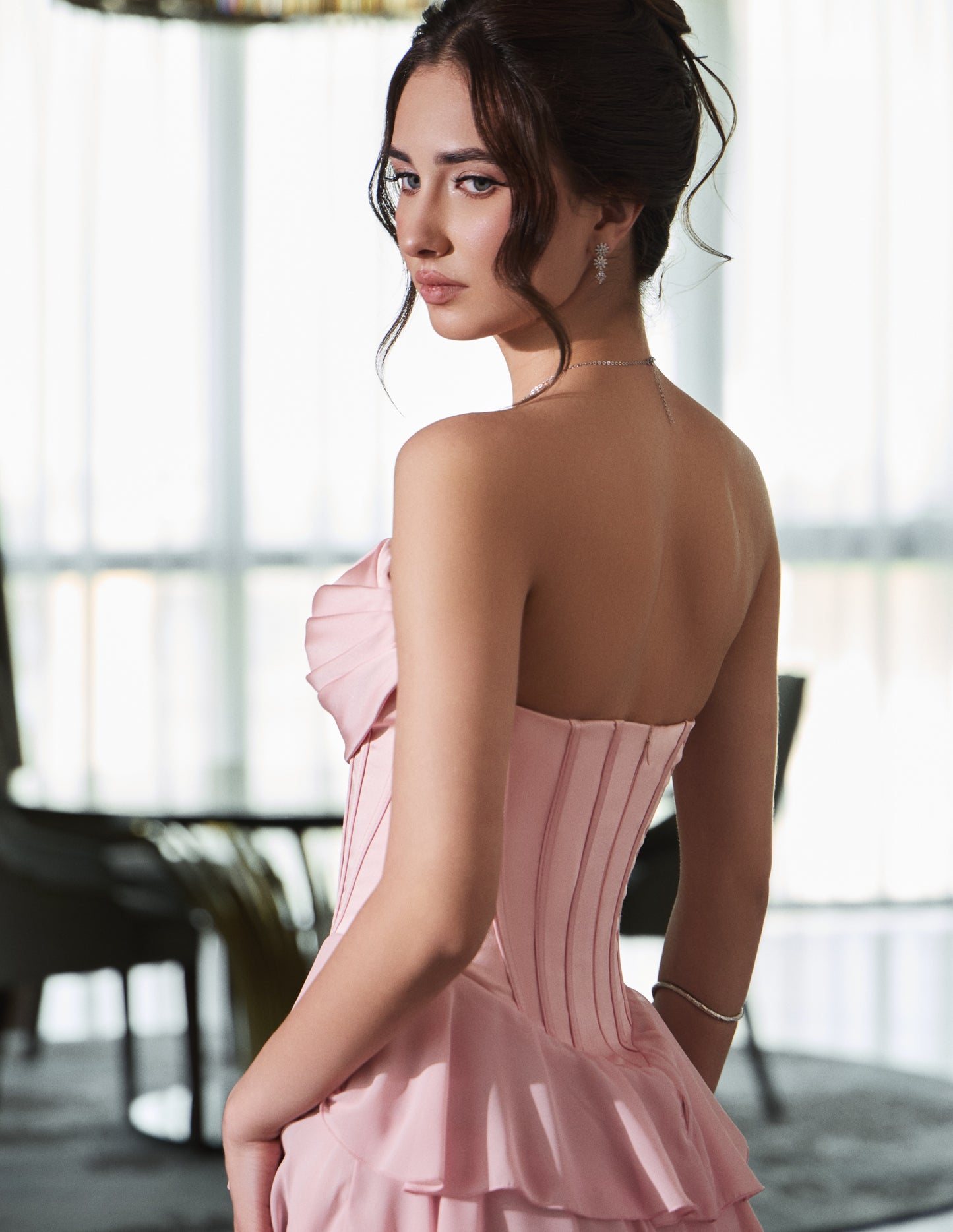 Strapless Tiered Ruffle Corset Gown