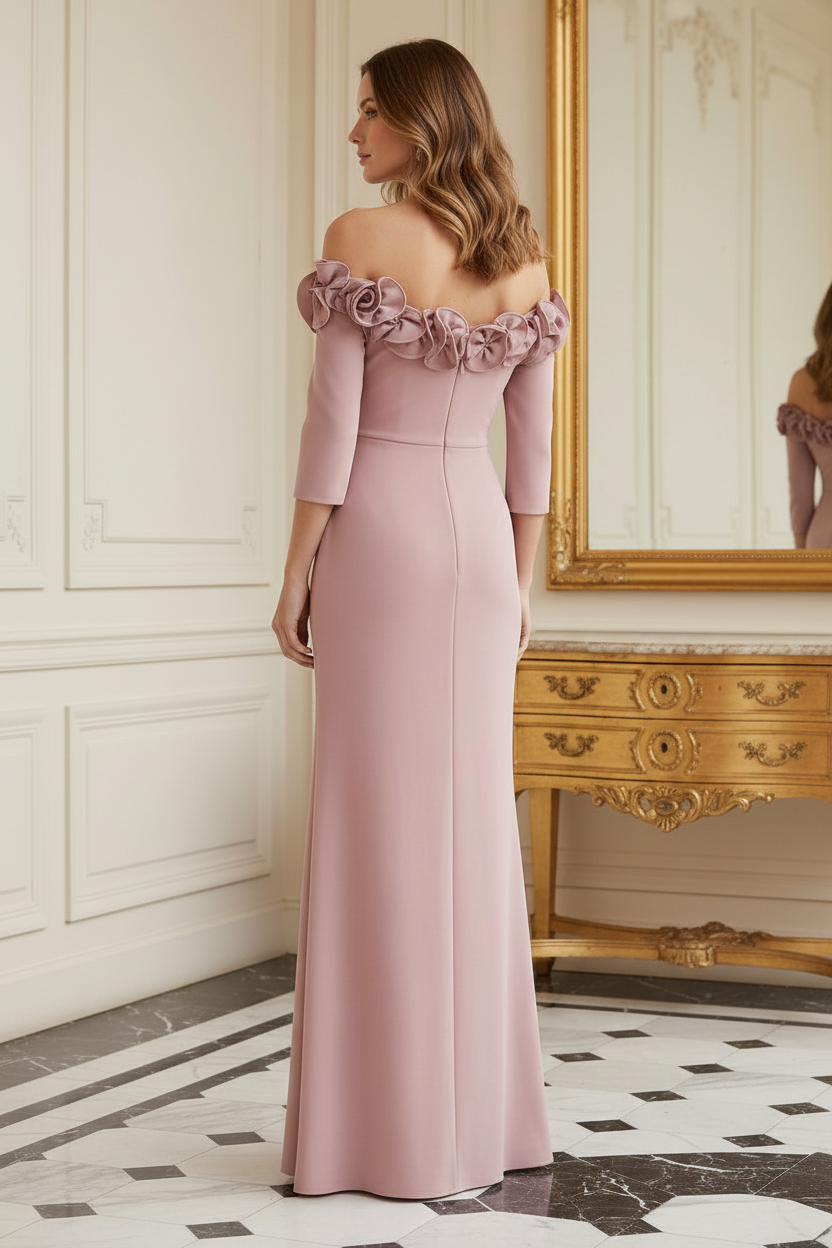 Off-the-Shoulder 3D Floral Gown with Slit