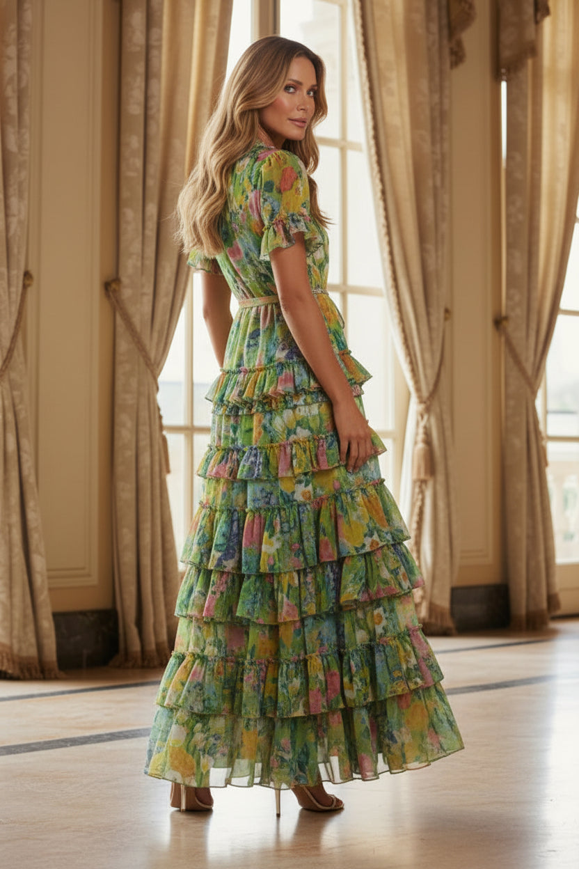 Tiered Ruffle Floral Print Maxi Dress with Belt