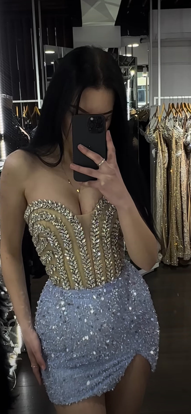 Strapless Rhinestone Corset Sequin Mini Dress