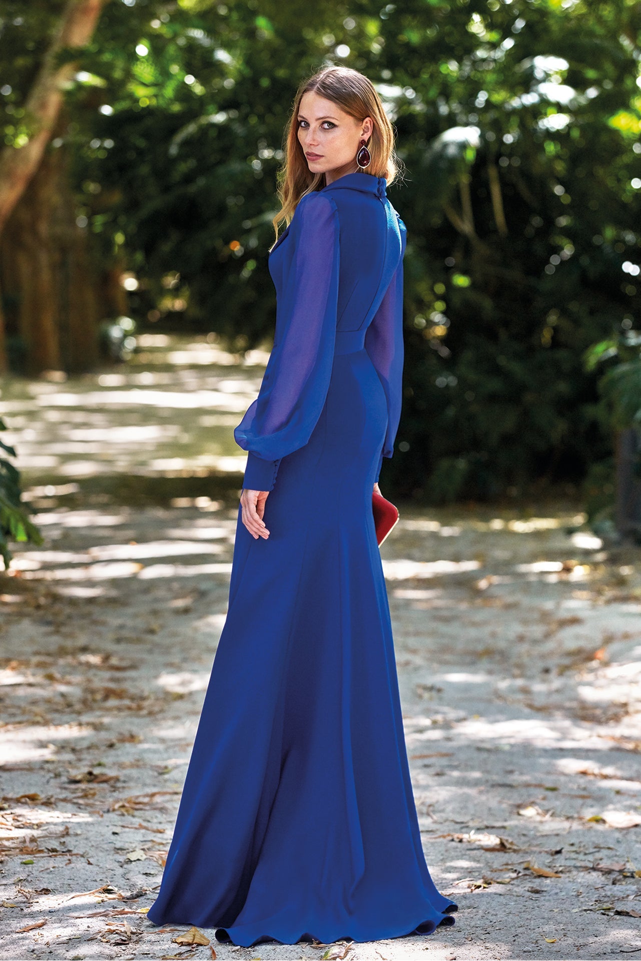 Long Sleeve Belted V-Neck Gown with High Slit
