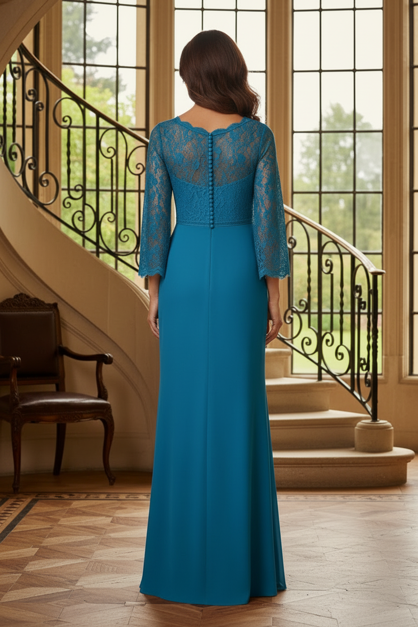 Lace Bell-Sleeve High-Low Evening Gown