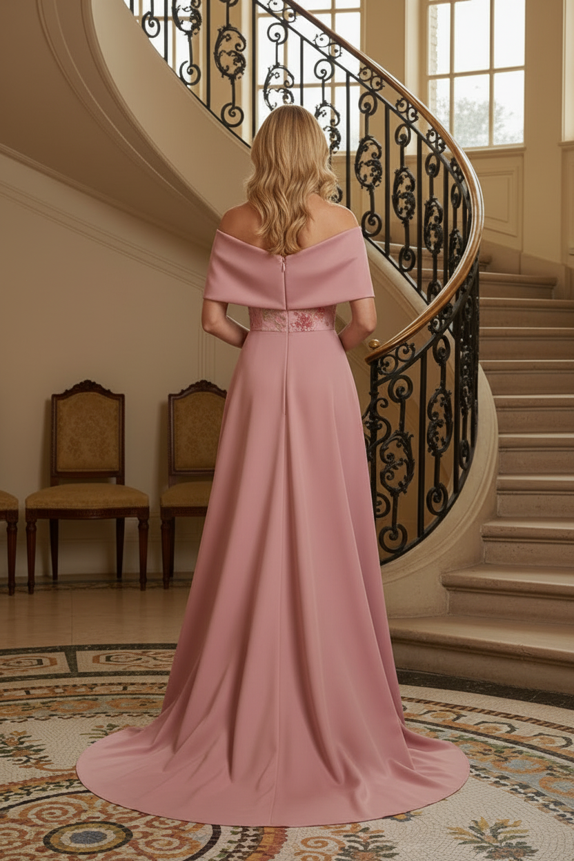 Off-Shoulder Floral Embroidered Gown with Overskirt